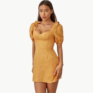 Reformation Spring Bow Linen Corset Mini Dress Size 6 Yellow Puff Sleeve A Line